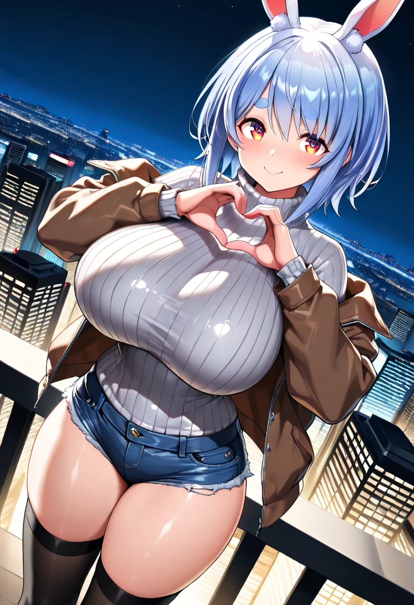 Highest quality、8K、(White Bunny Girl)、Fishnet tights、High heels、Bunny Suit、View Viewer、((Angle from the breast))、((Boob Emphasis))、 all fours、((Place your elbows on the floor))、((Attach your cheeks to the floor))、smile、Futuristic Living Room、indirect lighting、Room with houseplants、From the window you can see the valley between the city buildings、Night view、Silver short hair、Beautiful eyes、Beautiful Face、Delicate eyes、((Very long nipples))、Sticking out a long tongue、Tears dripping from the tongue

