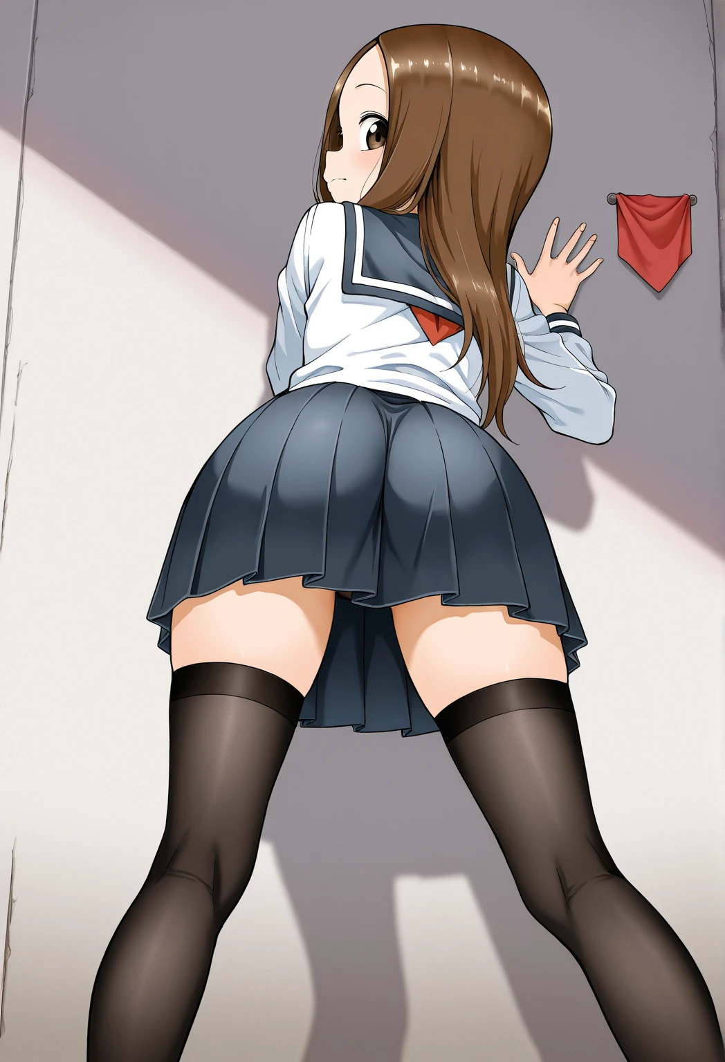 brown eyes,long hair,clover hair ornament,ahoge,blue jacket,white dress, long sleeves,green bow, black thighhighs,sneakers,amamiya mimori,dress lift, panties,indoor,slender legs,flustration,shadow, befind wall,doggystyle sex,boy grabbing hip, penis,hand on wall,press penis to hip,all four,