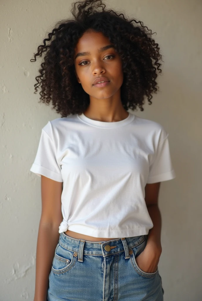 Young schoolgirl, dark skin, curly hair, big tits, blue t-shirt, short blue skirt, open fat legs. Beautiful naked ass. naked tits