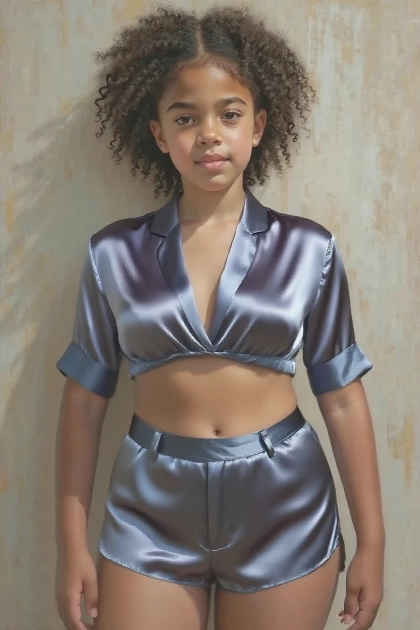 9 year old black girl, tank top, miniskirt, fishnet stockings