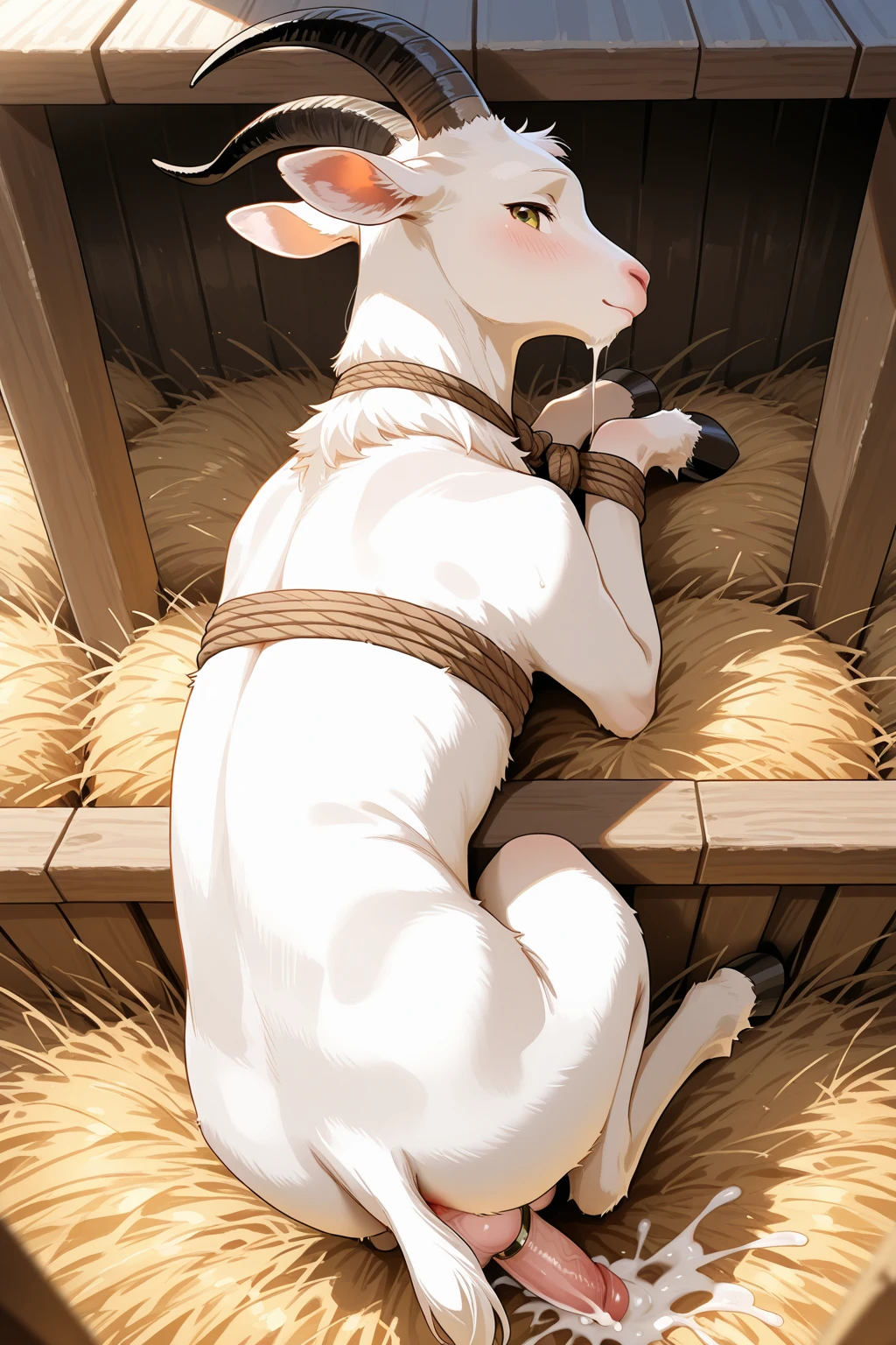 A naked girl with a goat&#39;s head, black hair on the lower half of her body, and hooves on her feet,Extremely thin body,Small breasts,Beautiful nipples,Crouching pose,Very long arms,Long, pointed claws