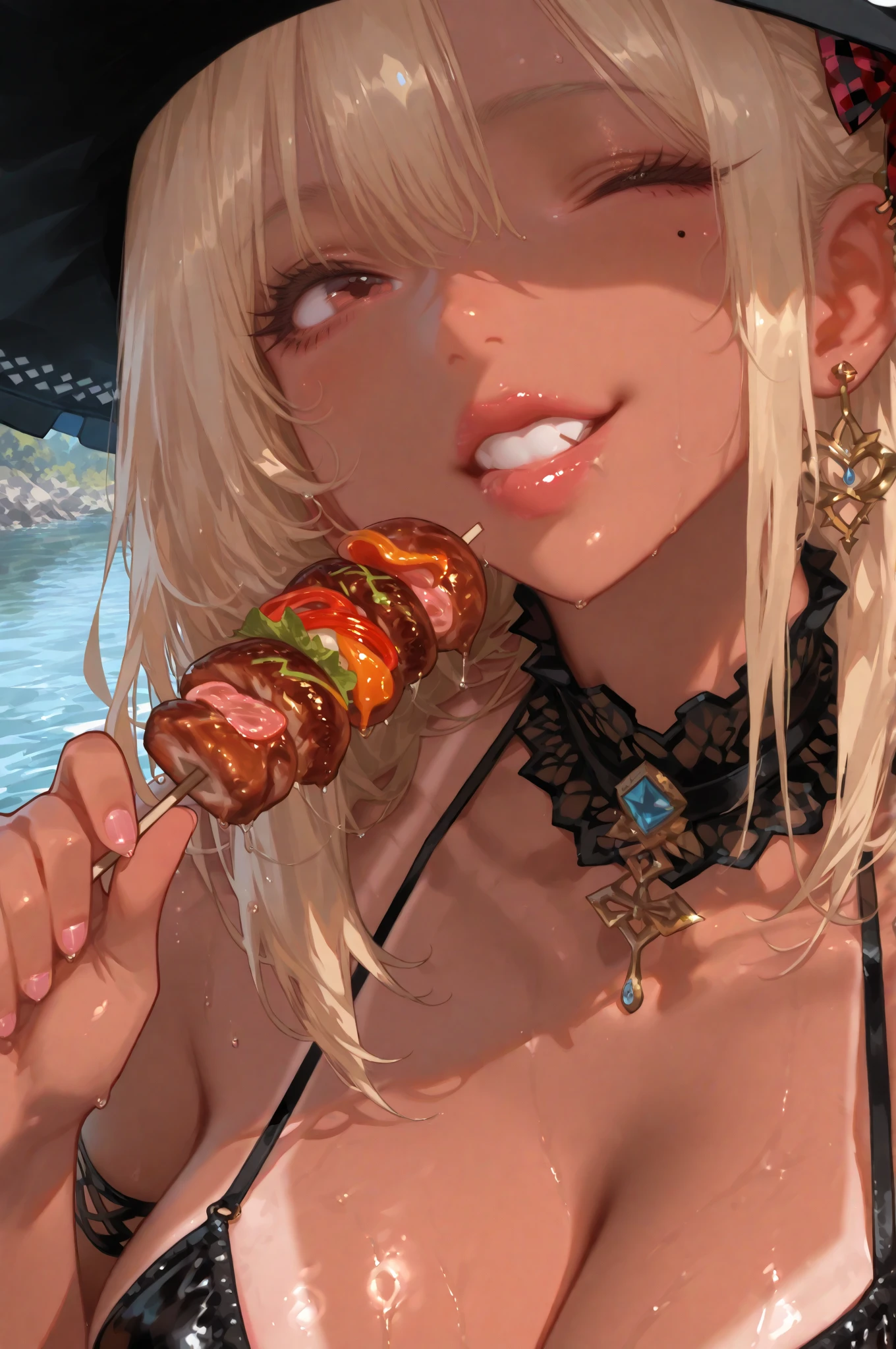 A woman in a bikini making a steak bowl