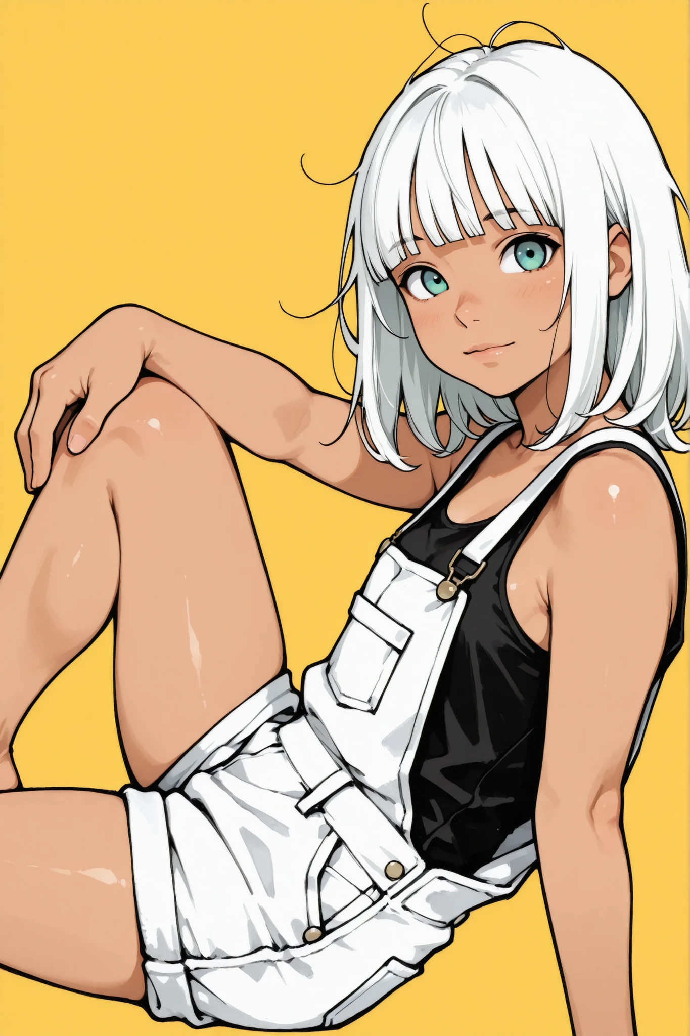 1 girl,Super Detailed,absolute resolution,(tanned skin:0.5),(dynamic angles),,portrait,(pinup),from side,sitting,(leaning back),knee up,hand on own knee,arm support,black tank top,white denim overall shorts,Bare Foot,detailed and beautiful hair and eyes,medium hair,((white hair)),blunt bangs,messy hair,big light aqua eyes,(Bulbous Nose:0.4),Japanese girl,[healthy body],Short Height,light smile,(blush:0.5),(nose blush:0.5),(yellow background),