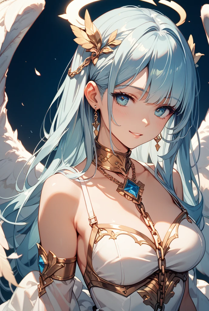 ((highest quality)),(ultra high resolution),(Super detailed),(detailed description),((best CG)),(best work of art),super precision art,great drawing art,(Fantasy art with precise details:1.5),(religious painting:1.8), (1 Female Angel:1.6),(beautiful and well-shaped face:1.5),small breasts:1.6,(collar with chain:1.4),(Lifeless eyes:1.3),Evil tattoo:1.3,folded wings:1.3,