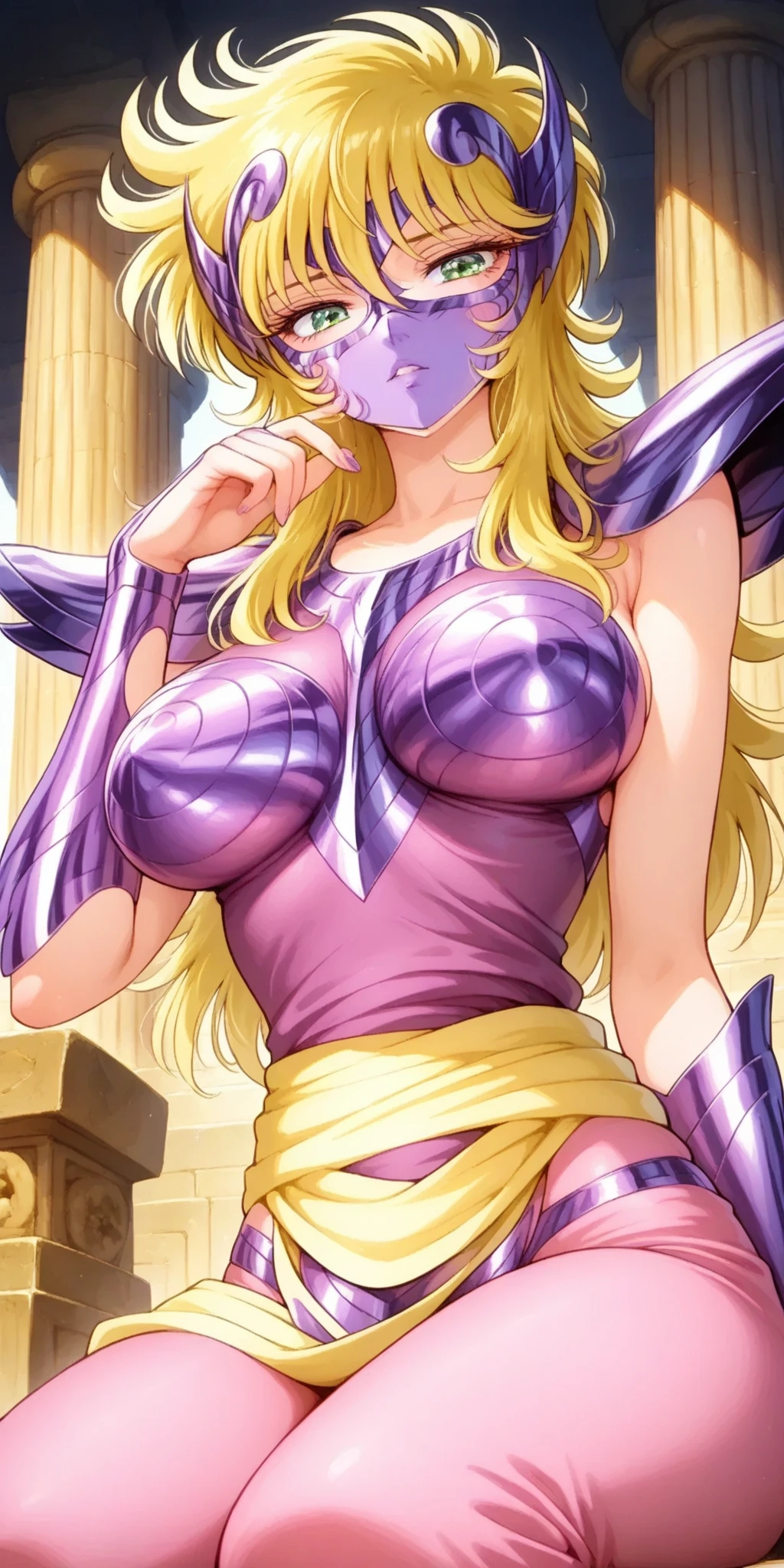 (masterpiece), best quality, expressive eyes, perfect face, Sexy woman, (long blonde hair), blue eyes, full body, (((purple witchblade armor))), high heel boots, large breasts, large ass, long legs, smiling, blades