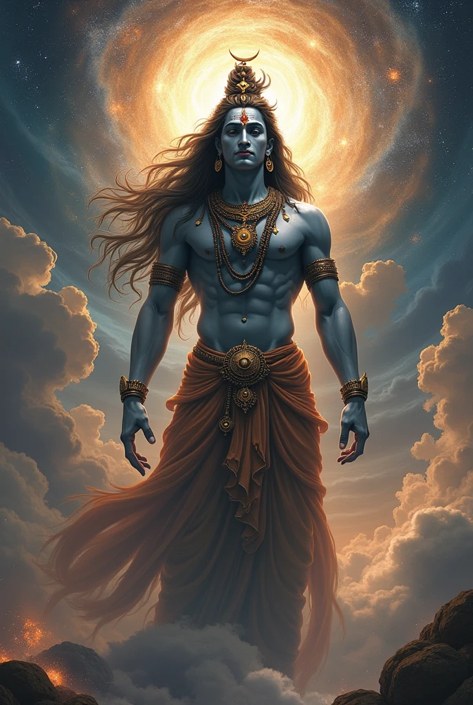 Hindu Mythology lord shiv large Avatar: Krishna's incarnation as the eighth avatar of Vishnu and his purpose in the divine plan. Mystic light magical atmosphere calmness on face standing in centre of landscape wide open atmosphere
