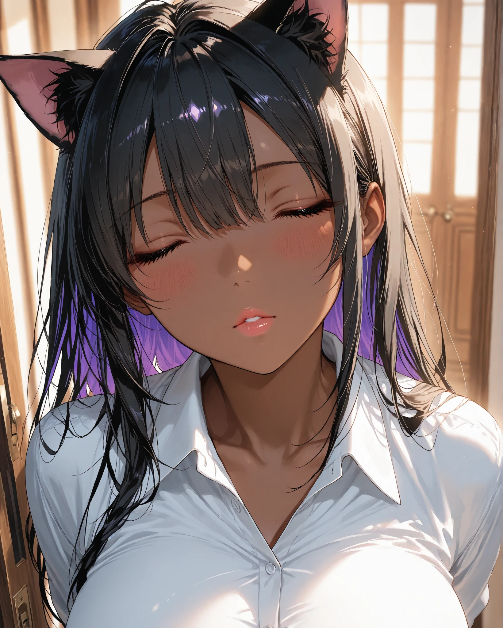 nsfw, woman, (nun), (Bunny ears), open mouth, Showing tongue, Round frame glasses, Small breasts, long hair, black hair, open legs, Rainy, (man, penis), (Sex, woman on top)