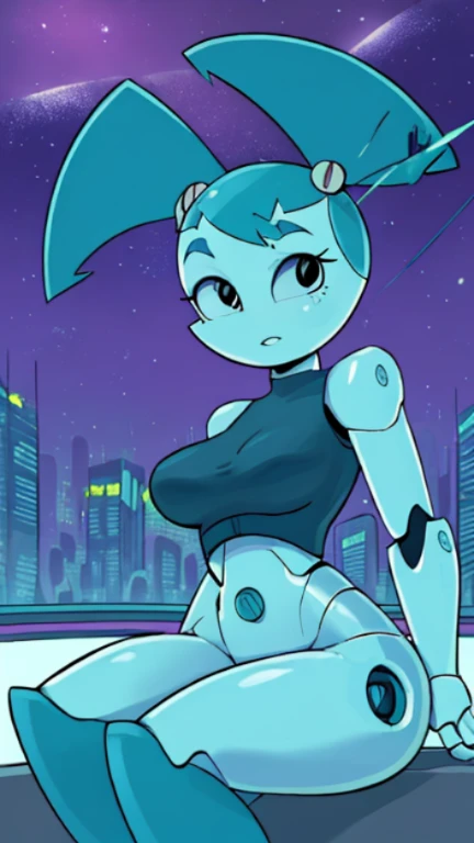 High quality portrait of Jenny Wakeman fighting aliens in a futuristic city. HORA DO DIA. Cara de bravo. robot body, robot joints. Parafuso rosa no umbigo, calcinha rosa