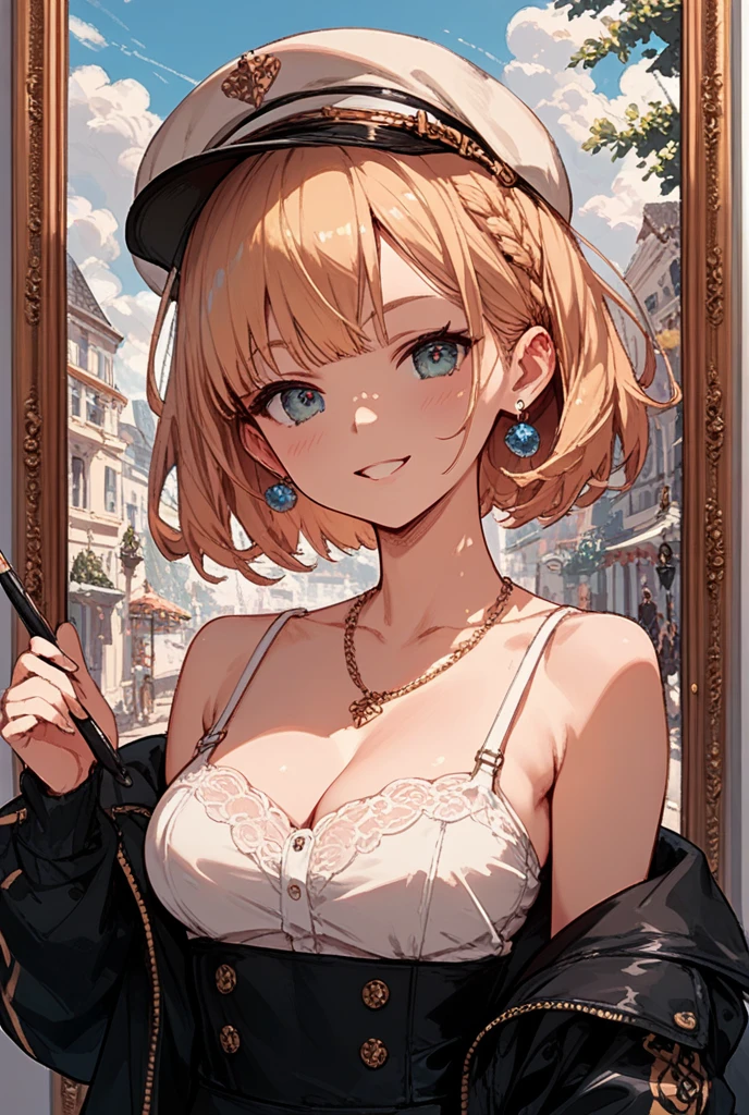 femme pleinement , brun, ultra réaliste, regarde la camera, Méticuleusement détaillé, cheveux bruns, selfie d'une jeune femme, Maquillage naturel, Superbe corps complet, dans la rue, la nuit, costume, exterieur, gilets de costume, TERASSE d'un café, le soir, à la Tour Eiffel