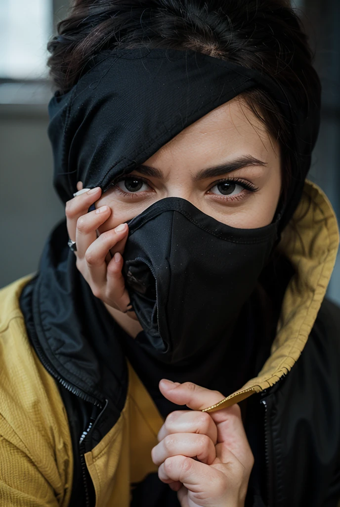 (photography)(dynamic) A closeup face of a female Malay, wearing hijab. Her mouth is gagged by two gloved hands. Crying.