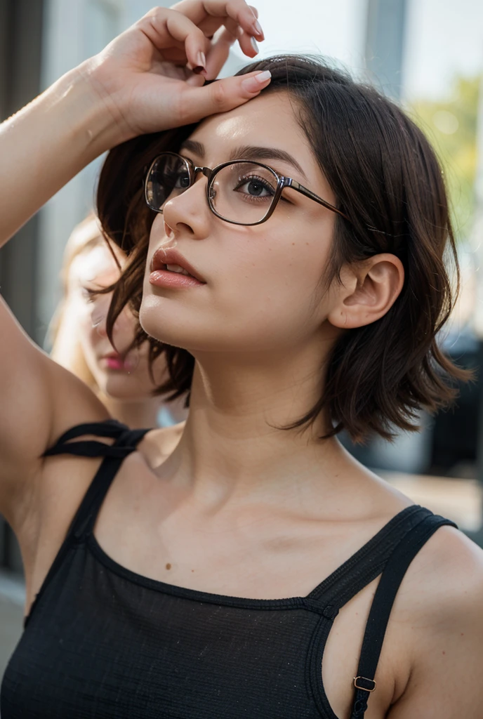 1girls, Nur, green Hair , 24 years old , ((best quality)), ((masterpiece)), (detail), create a hyperrealistic digital portrait of a 24-year-old girl with perfect facial features, exuding youth and beauty.  The person should have short hair at shoulder length, slightly above the shoulder, with green hair tips, especially green, and should be adorned with an elegant black dress complemented by a diamond necklace.  Attention to detail is essential to hyperrealism, which includes lifelike skin texture, intricate hair strands, and precise highlights when wearing glasses.  Place the subject against a photo studio background, aiming to produce an image that is virtually indistinguishable from a high-resolution photograph.Best Quality, 8K, Masterpiece:1.3)), Focus: 1.2, Perfect Body Beauty: 1.4, Hips: 1.2, ,  High Detail Facial and Skin Texture, Thin Eyes, Double Eyelids, , Smile, Wear fancy hair accessories in your hair and elegant diamond earrings in your ears. 