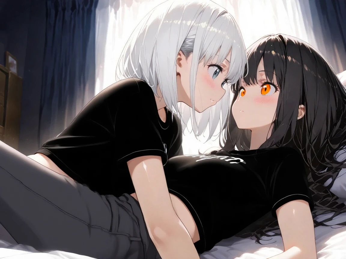 Yuri, kiss, french kiss, 2girls, skirt, tongue, aroused, sweat, manga page, doujin