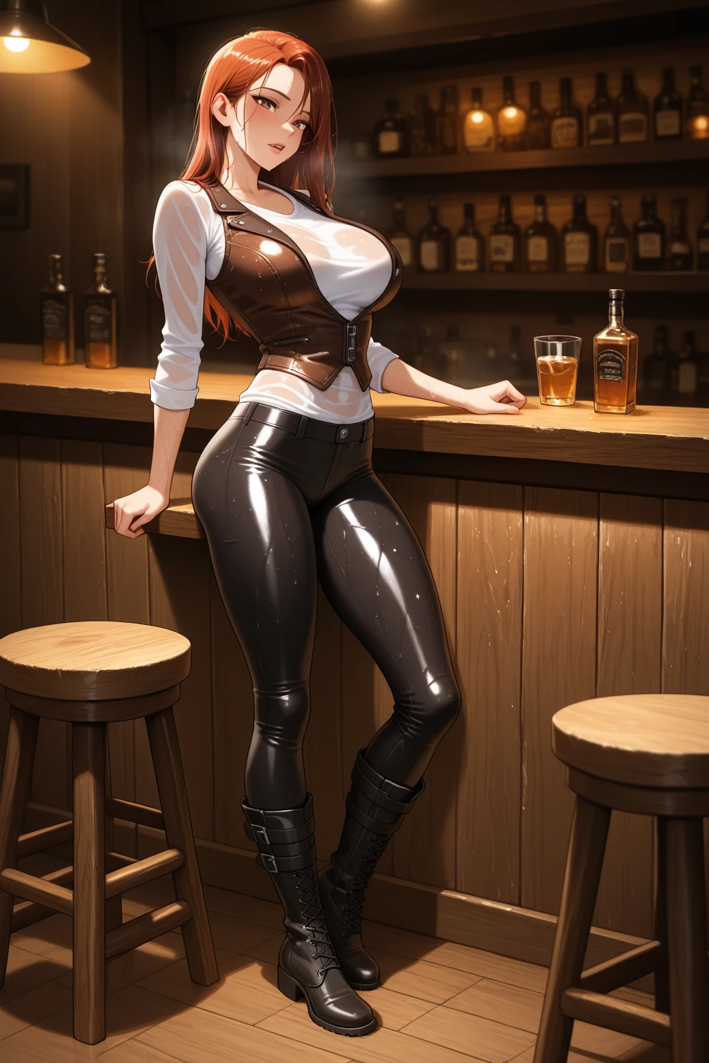 8k, realistic, 1girl, extremely strong, curvy body, thicc body, big breasts, small waist, pale skin tone, well detailed skin, skin texture, ((green eyes)), (super long jet-black hair), a lot of sweat, tight leather t-shirt, tight leather pleated skirt, boots, dynamic pose, in a large club bar, bar club image, serious expression, image as the basis of a survival character in a bar fight with a blonde woman, environmental detail, firm round breasts, deep cleavage,