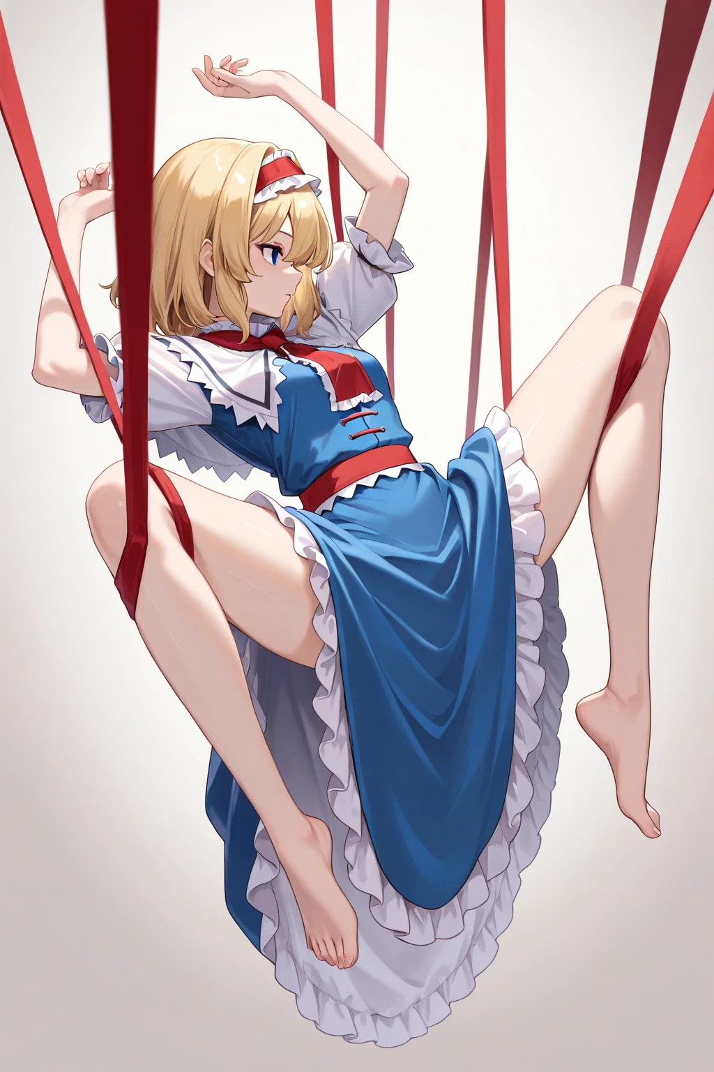 piperBS, 1girl, blonde hair, hair bun, blue dress, puffy sleeves, short sleeves, pink gloves, fingerless gloves, pink belt, shoes, blue footwear, cute and blushing 18 years old anime girl, look away because she is embarrassed and blushes, bright blue eyes, detailed face, detailed members, detailed arms, detailed hands, ((((sparkling diamond jewelry)))), tiara, ((makeup)), high heels, puffy sleeves, long gloves, long eyelashes, Girl lying, tied by ropes, shackled, can no longer move, tied tightly, very hard tied up with lots of ropes, hampered by so many ropes that she can no longer move, bound hands and feet, ropes tie his whole body, tied extremely tightly and forcefully to her bed by a lot of ropes, its limbs are strongly tied together by ropes, his torso is tied up with thick cords, her chest is so tied up with ropes that it sticks out, her legs are tied tightly with thick ropes, his hands are tied behind his back with ropes, she can no longer move her feet, her hands which are tied by thick ropes, she desperately tries to free herself, likes to be tied tight with big ropes, likes to be immobilized by big ropes, lying down, his hands and feet are strongly tied to the railing of his bed, his legs are pressed together and tied with ropes, its limbs are held vigorously by imposing ropes, her hands are tied securely behind her back by ropes, her chest is compressed by strong ropes, she is pressed against her bed and restrained by large ropes (shibari, arms behind the back:1.4), (hands on the back), (masterpiece, best quality) 1.5, 1girl, solo, (sexy, beautiful woman, perfect face, perfect eyes, perfect hands), samus aran, (shibari, arms behind the back:1.4), (hands on the back), Spread the legs, s' ((lie in bed by big ropes)), ((close up of the girl)), ((((lie in bed))))