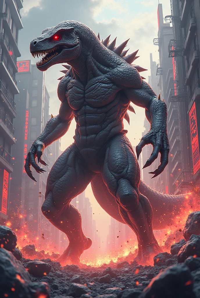 furry growth, hyper growth, hyper muscles, godzilla, shirtless, white shorts, muscular, In a city destroyed by flames
