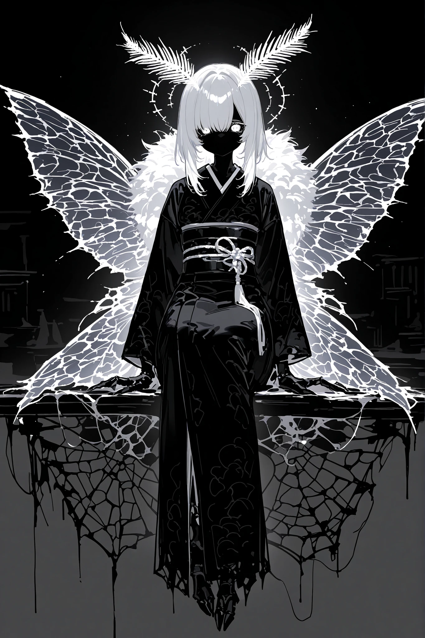 Female moth monster girl. She has black darkest skin. Black sclera, white eyes. She has straight gray metallic hair. She has fluffy moth antennas on her head. She is wearing a black mourning kimono. She has two large jet-black moth wings on her back.
In the background: a black gloomy abandoned Japanese temple covered with cobwebs and full of ghosts.