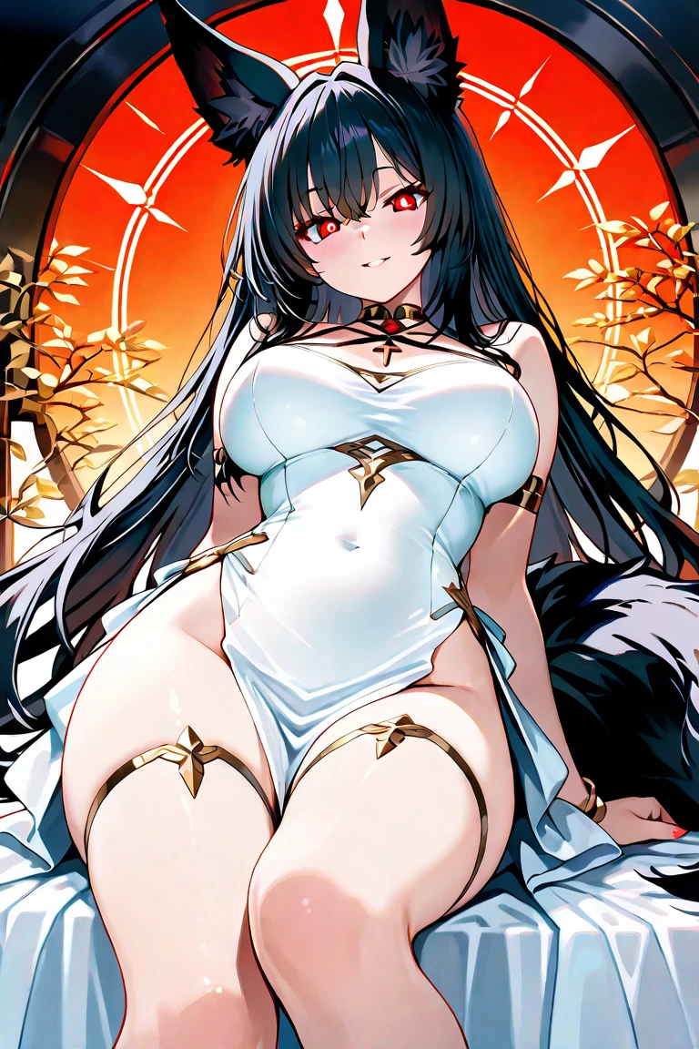 Massive booba, red eye,black tail fox, 8 tail fox, long hair, big ear fox