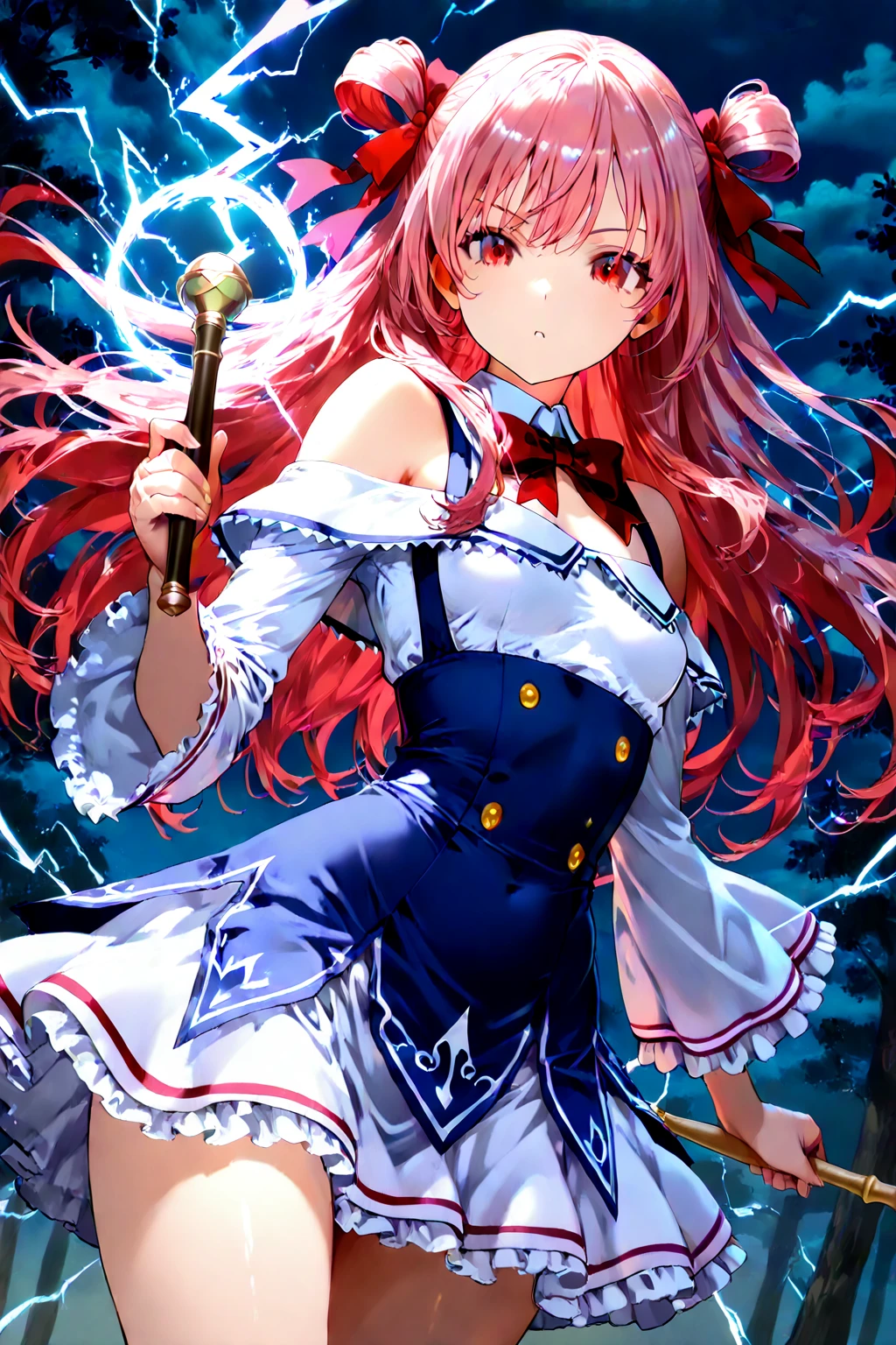 sysdeep_rias, 1girl, solo, blue_eyes, large_breasts, hair_between_eyes, very_long_hair, red_hair, flying, casting, magic, magic_circle, blue_magic, blue_magic_dress, glowing, dark, rain, thunder, lighning, night, wet_skin, wet_hair, emotionless, <lora:Rias Gremory - [High School DxD] - XL Version 1:1>