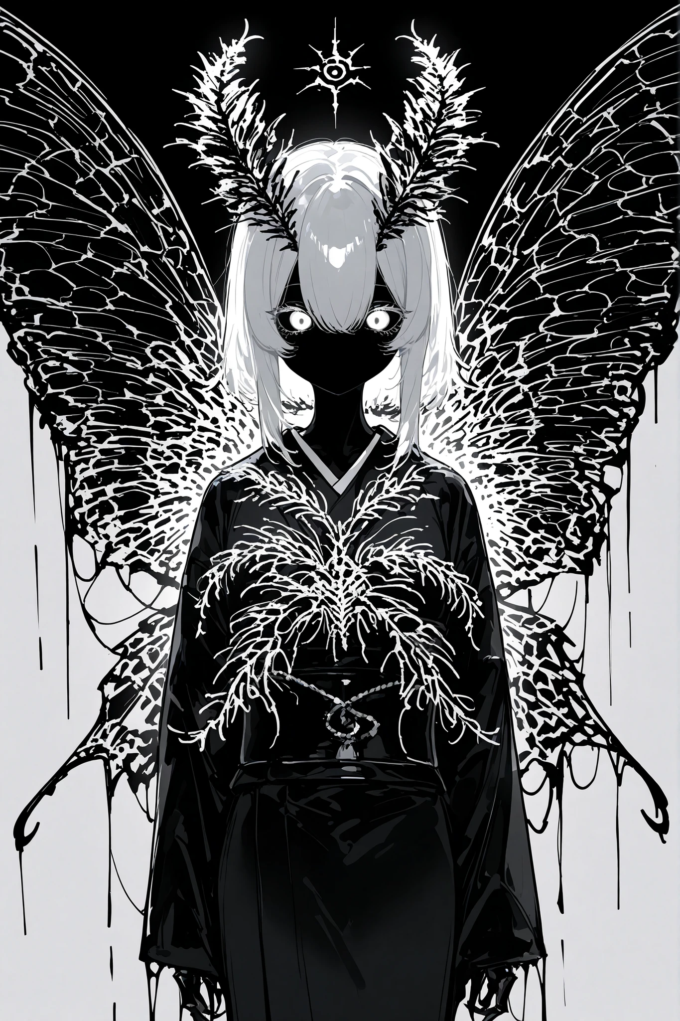 Female moth monster girl. She has black darkest skin. Black sclera, white eyes. She has straight gray metallic hair. She has fluffy moth antennas on her head. She is wearing a black mourning kimono. She has two large jet-black moth wings on her back.
In the background: a black gloomy abandoned Japanese temple covered with cobwebs and full of ghosts.