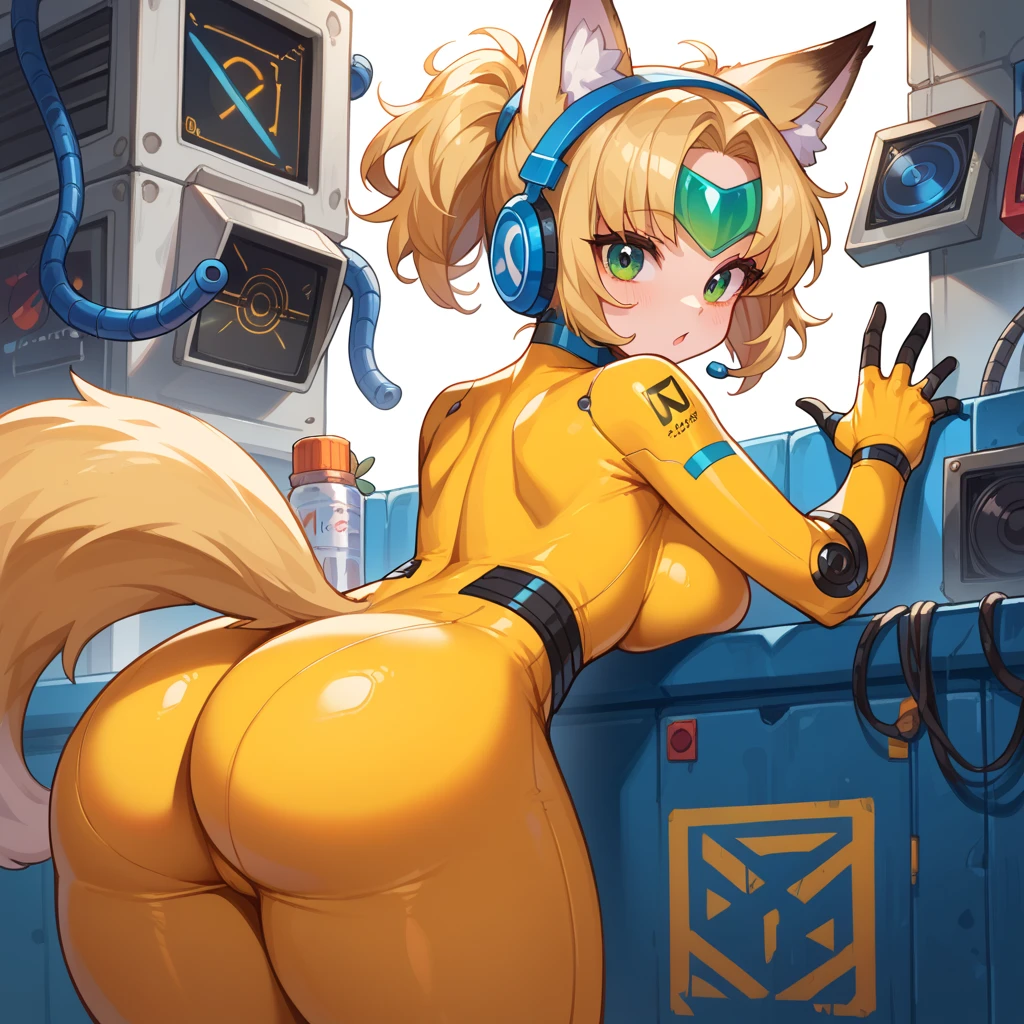 boy, squirrel, furry, bodyfur, tail, green goggles, green collar, green bra, bottomless, green gloves, green boots, chibi, sparkling eyes, penis, testicles, laboratory, robot