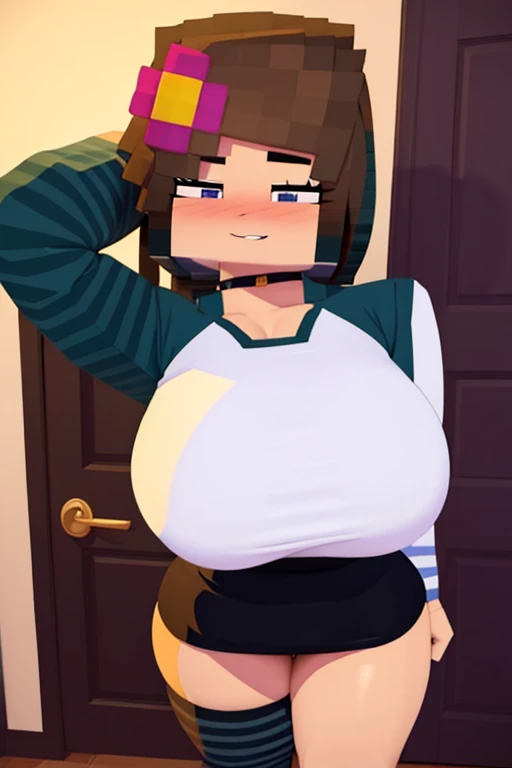 (8k, RAW photos, top quality, masterpiece: 1.2), (High Quality), ray tracing, HDR, (High Details), (Face detail), (Shadow Detail), 1girl, solo, Jenny belle, 3d, 3d render, minecraft woman, crop top, black pants,huge overfilled breast_implant, huge keep_inflating_Extrem_like a blimp, filling her up more plump , large Breast Augmentation Implants breast expander fill up, extremely huge inflated muscles, extremely filling her up more plump and rotund