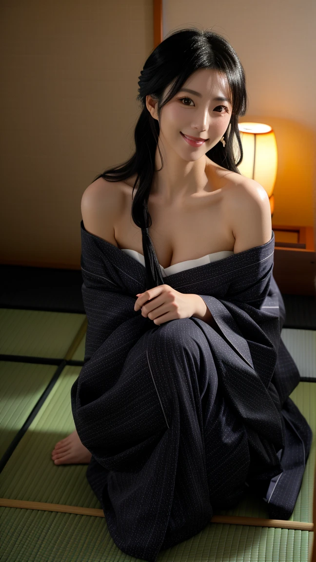 ((最high quality)), ((masterpiece)), (detailed), One girl, sexy, night, Raw photo, (((Very beautiful portrait))), (Very beautiful portrait))), sexyな20代の少女, ((Natural straight black hair)), [Black eyes],A gentle smile looking at the camera(Cleavage), ((masterpiece, 最high quality, 超detailed, Cinematic lighting, Exquisite detail, High resolution, 8K, 非常にdetailed)), detailed背景, 8K Ultra HD, Digital SLR, Soft lighting, high quality, Film Grain, Fujifilm XT3, Shallow depth of field, Natural light, Perfect Face, On the futon, ((kimono)), (はだけたkimono), No underwear, Spread your legs, The legs are visible, (Beautiful legs), Insert a stick into the hole between your legs, ((Insert a stick into the hole between your legs))