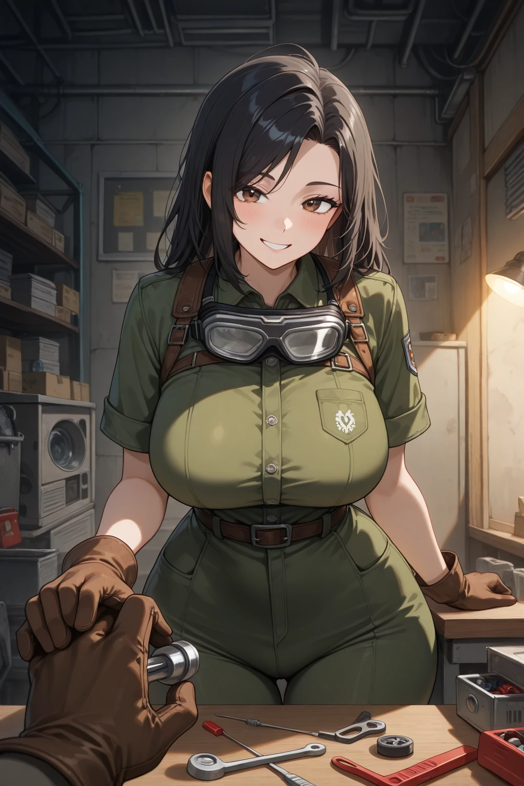 highest quality, Insanely Real, Very delicate and beautiful, Ultra-high resolution, (A very cute female aircraft mechanic, alone), wide々Inside the aircraft hangar, A World War II-era monoplane fighter can be seen in the background...., Aircraft parts scattered on the floor, Maintenance Tools, She is in charge of aircraft maintenance...., (Wearing a long-sleeved mechanic coverall with a military camouflage pattern, baggy:1.2), (Wear heavy duty mechanic gloves), (Wear a headset), Her hair will be tied up later, Very professional mechanics, Mysterious Smile, ((Very beautiful eyes and face)), (Amazingly beautiful, Natural skin texture), Accurate Eyes, Accurate needle, Overall well-balanced body, ((15-year-old girl, Very short hair:1.3, Cute type, slim, The body is slim:1.3, baseball cap), (Leaning forward, down blouse:1.5),((bare nipple,Definition nipples))