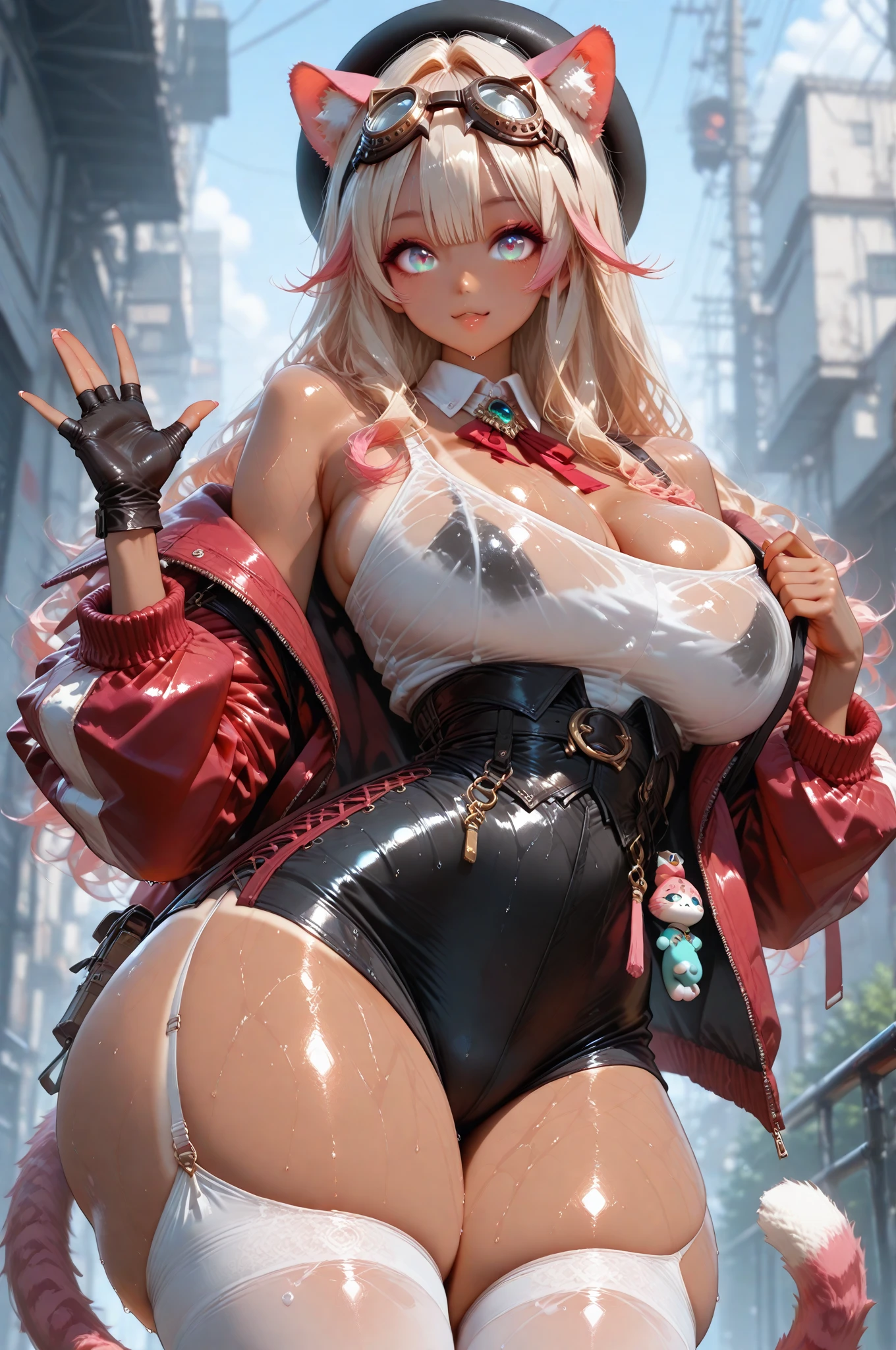 Dayat masterpiece, best quality,,
(RAW photo:1.2), (photorealistic:1.4),(masterpiece:1.4),(best quality:1.4),ultra high res,((detailed facial features)),HDR,8k resolution,1girl,looking at viewer,pleasure expression,happy,closed mouth,smile,young girl,cute,(city background),in the city,(silver hair),floating hair,long hair,(bangs),warm light,shiny_skin, shiny eyes, model pose, solo_focus, ((dynamic angle)),red lips,(vestia zeta:1.2), virtual youtuber, hair ribbon, hair ornament,street fashion, single (large breast) thigh strap,grey hair (back view 1.5), (from behind 1.5)
