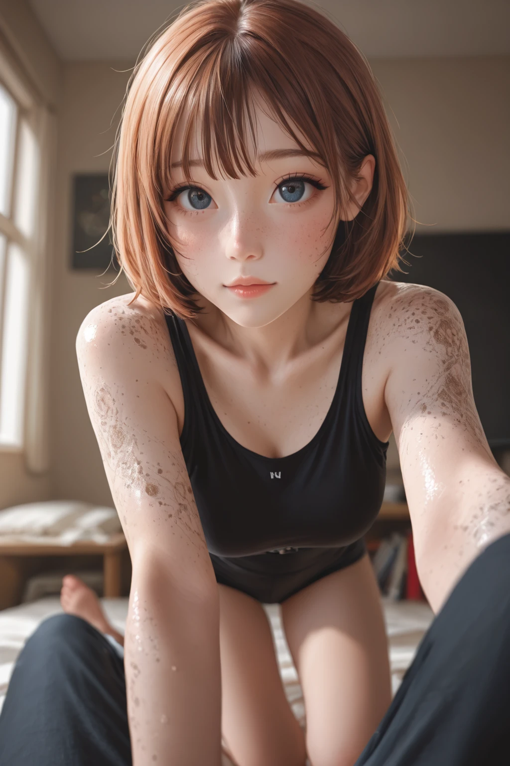 Draw a picture of an anime waifu with short orange hair (not anime style)