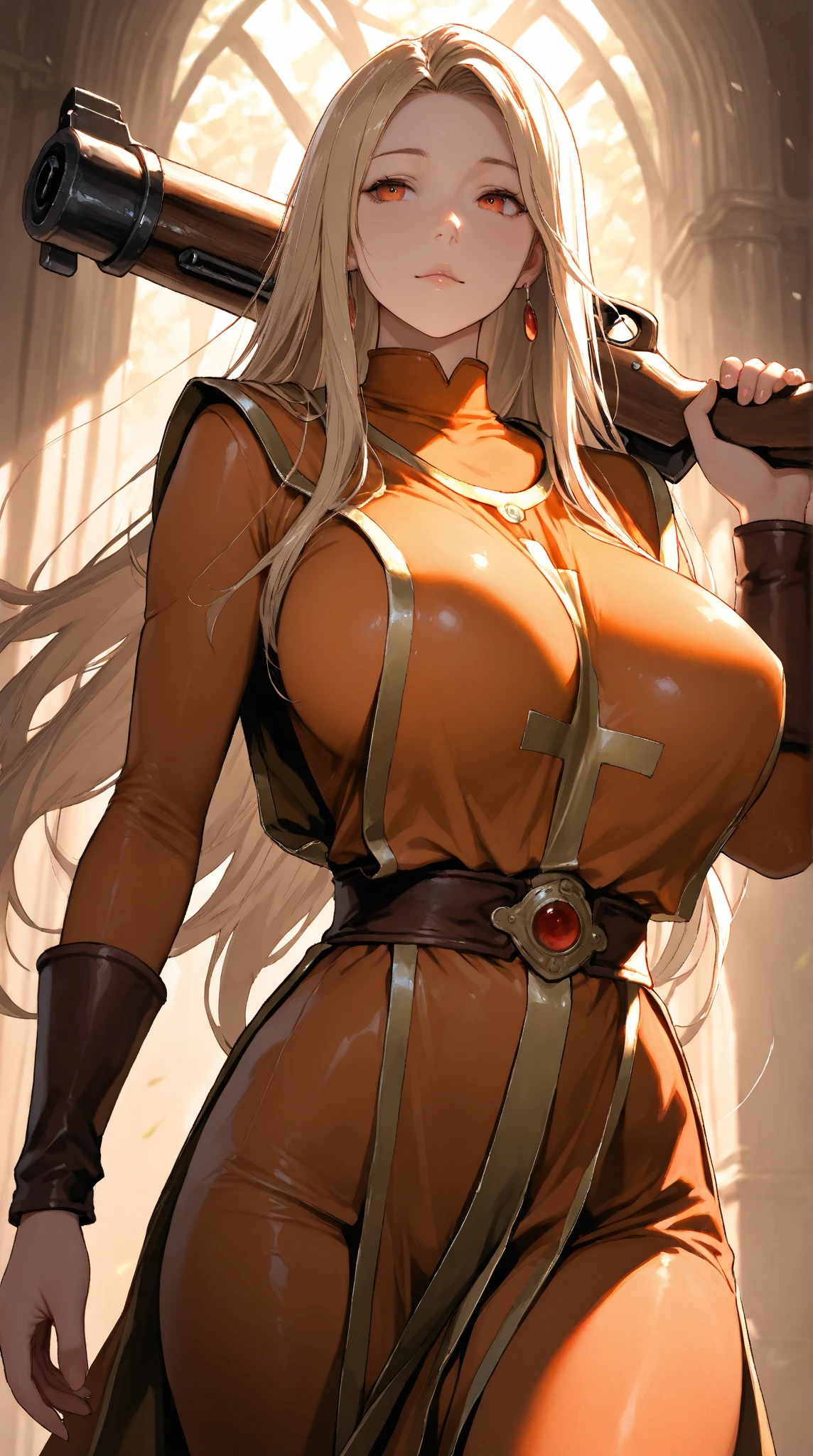 (Art: 1.2), (best quality: 1.2) 1 woman, mature, tall (1.85), She appeared to be around 28 years old, had long golden hair, straight and shiny hair, blood red eyes, extremely detailed, perfect eyes , extremely realistic eyes, well-aligned eyes, long eyelashes, anime style, perfect face, milf face, full lips, smiling, mature, clear skin, natural body, sexy body, MILF body, hands on waist, perfect hands, detailed hands, hands well proportioned to the body, realistic hands, arms with good anatomy, she wore an immortal Chinese oriental style golden dress, the dress still couldn't hide her extremely large and huge breasts that were hanging down due to her size, thick thighs, wide hips, Looking at the viewer, background scenery, scenery at a Chinese viewpoint on the edge of a lake, in the background posing the setting sun, alone Looking at the viewer