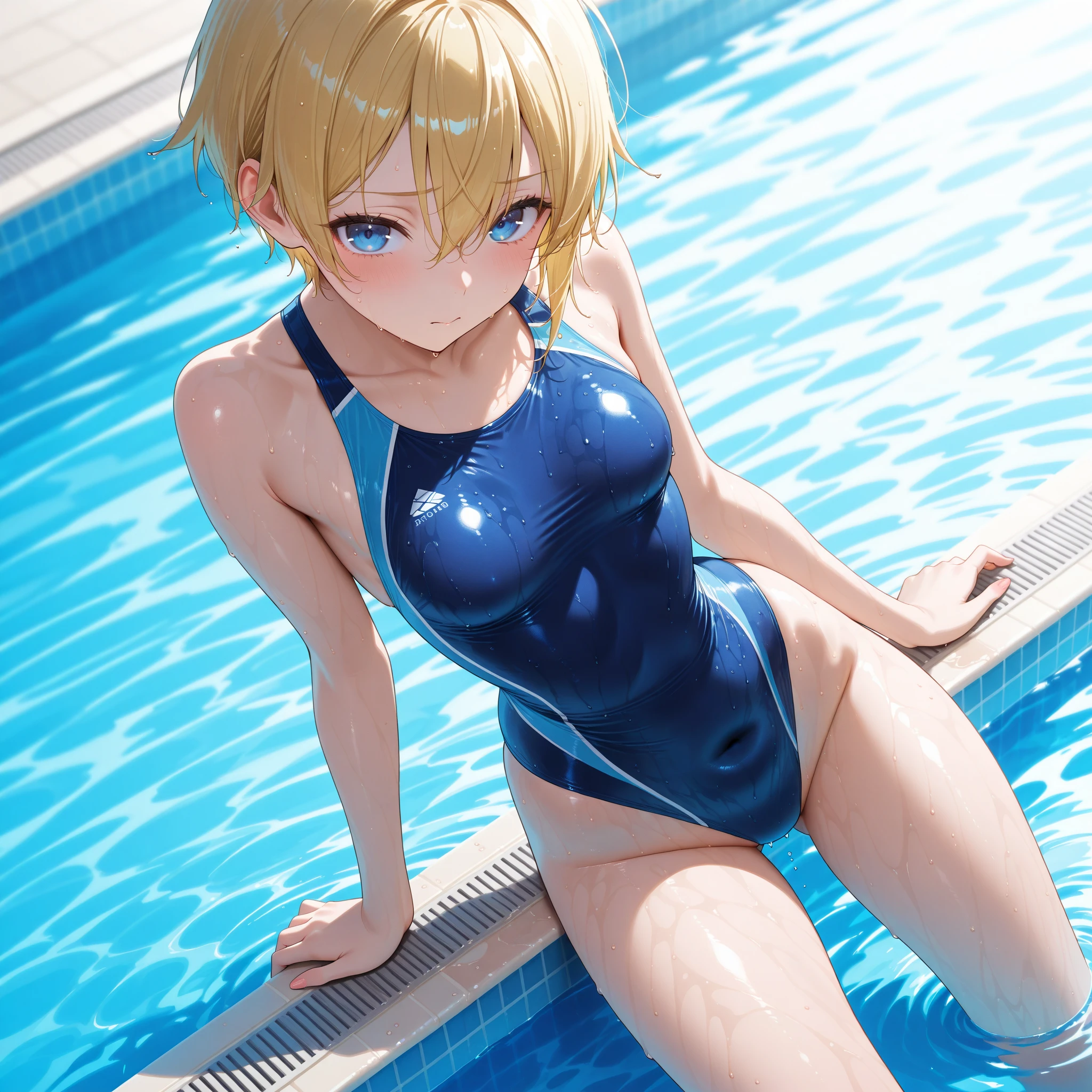 Anime style, super fine illustration, super clear illustration, highly detailed, beautiful detailed, super pale tone image, super delicate illustration, super calm & static image, static representation, gentle expression, 8k, pretty 1girl with blonde straight short hair & blue eyes & a bright smile & Big breasts & nipples & soft fair skin & (shiny skin : 1.6) is wearing the competitive swimsuit in the swimming pool, Olympic, happy stories, solo, perfect fingers, no more fingers, no less fingers, perfect arms, no more arms, no less arms, perfect legs, no more legs, no less legs, no more hair, no more clothes, masterpiece,
