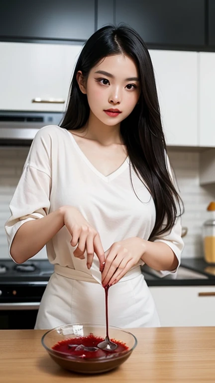 Young wife in the kitchen、Super detailed、Particles of light:0.5、Shiny and smooth skin texture、Put your hands on the railing、Beautiful Eyes、dorsal position、Mouth half open、Natural Texture、Long Wavy Hair、、Mature slender beauty、Small breasts、Dignified face、Boyfriend Shirt、Belly button、slouch