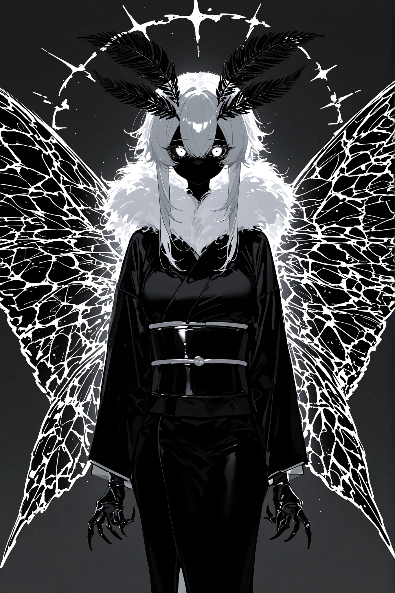 Female moth monster girl. She has black darkest skin. Black sclera, white eyes. She has straight gray metallic hair. She has fluffy moth antennas on her head. She is wearing a black mourning kimono. She has two large jet-black moth wings on her back.
In the background: a black gloomy abandoned Japanese temple covered with cobwebs and full of ghosts.