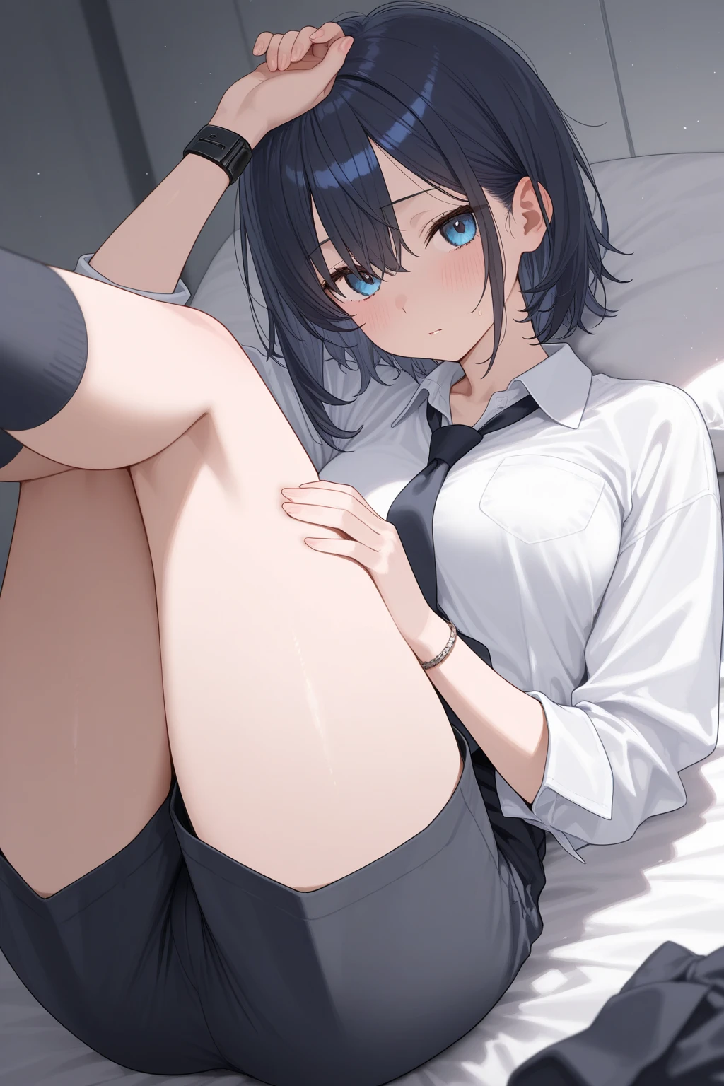 1girl, short black hair, blue eyes, wearing blue skirt, bedroom, on bed, absurdres, high res, ultrasharp, 8K, masterpiece, looking at viewer, from behind, dying