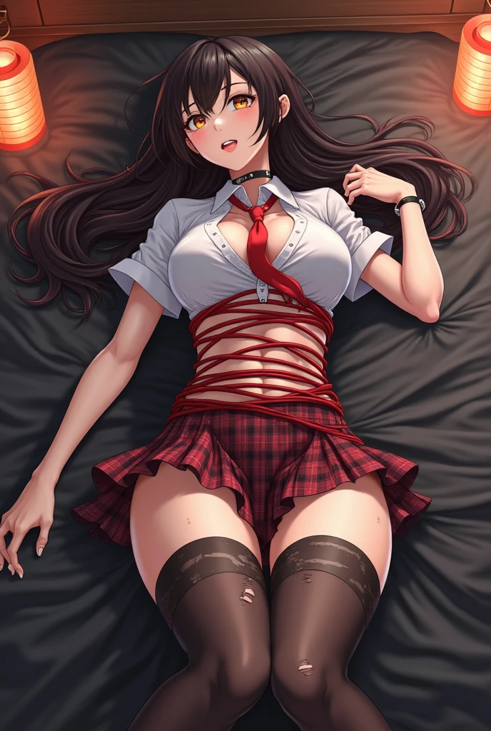 ((Biologically correct limb count)),(( From head to toe,Full-body photo including face)),4K,((Standing position)),masterpiece,((Focus on the face)),((Symmetrical facial features)),Eyes with detailed description,Beautiful woman,Great style,Beautiful arms,Beautiful legs,Beautiful Hands,(Small Ass,Thin thighs),Facial detailing,Small earrings,necklace,(Blue patent leather blazer,Red plaid mini skirt((Black high heels,Black patterned stockings))),Realistic photo,Lying on the linoleum floor,Low angle photo,A little panchira,Rose petals are scattered all around、
