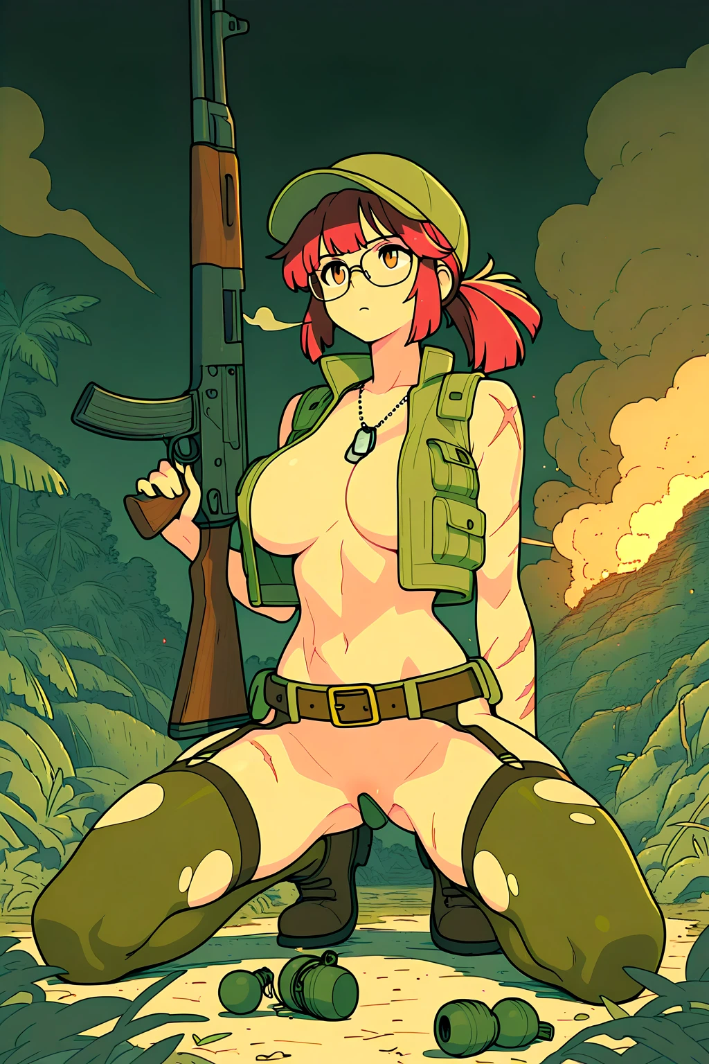 An image of a busty female soldier, bald, gorgeous, head tattoo, (cleavage), camo vest, hotpants, jungle, (detailed skin complexion:1.2), best quality, vivid color, rtx shading effect, ambient occlusion, highly detailed textures