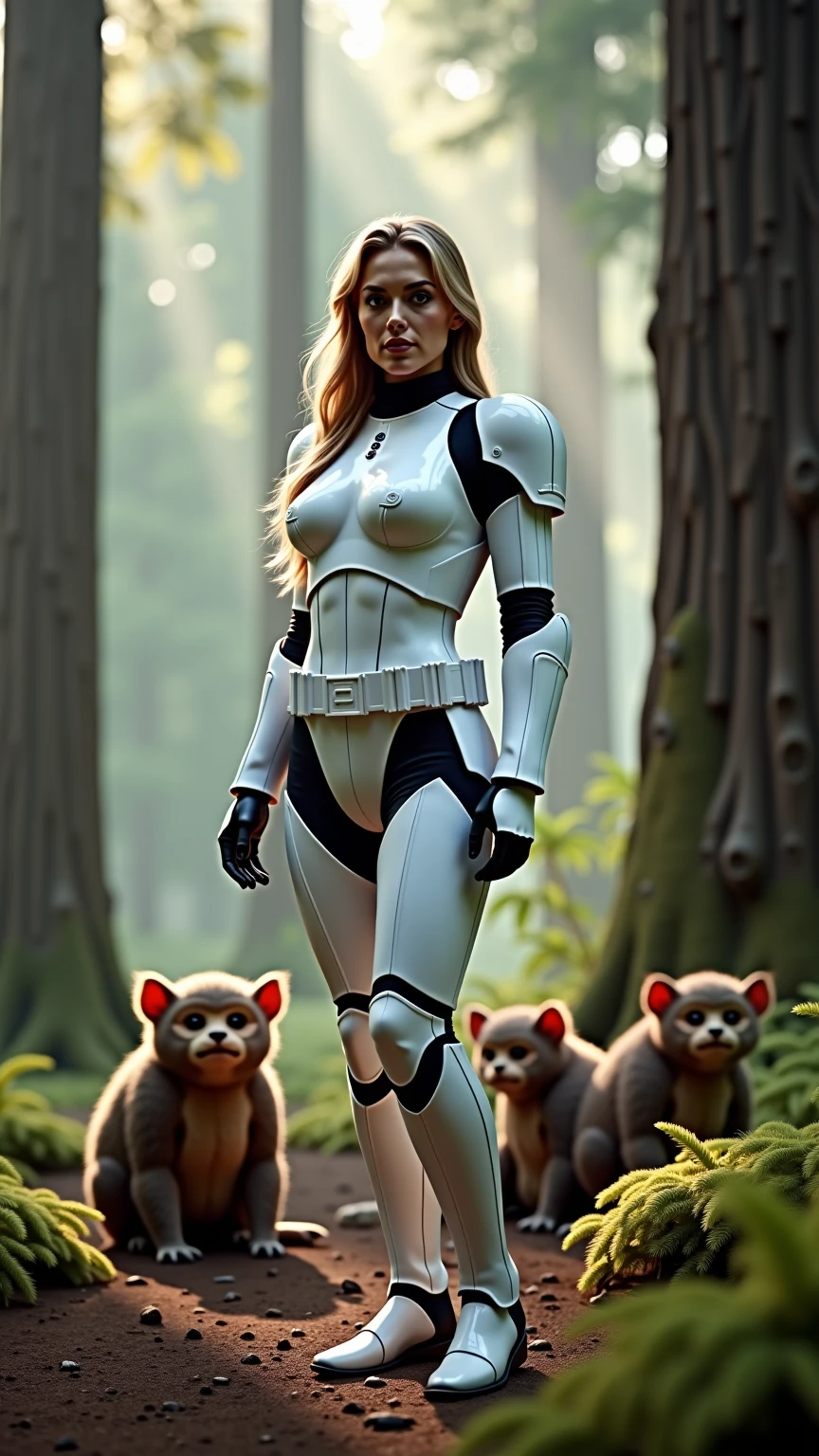 Star Wars, a chipmunk themed alien woman (sexy furry bikini, huge eyes, huge breasts, athletic, body fur, blaster pistol, cute) is sneaking up on an Imperial base. Forest
