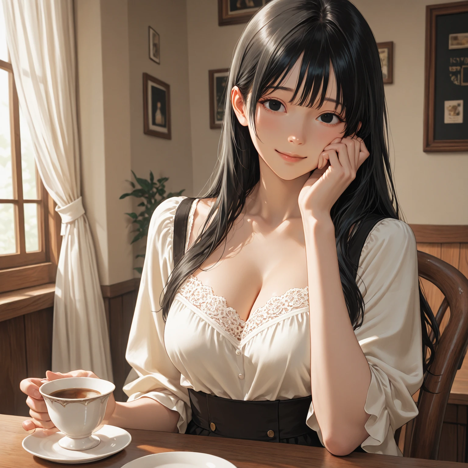 1 girl, shy, Hinata hyuga, long black haired, byakuga eye, holding cup on right hand, sexy and bold , beautiful white eye, high resolution image , 