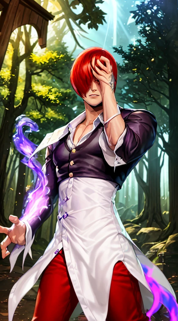 iorikof,1boy,hair over one eye,red hair,short hair,purple fire,fantasy world,isekai,forest,