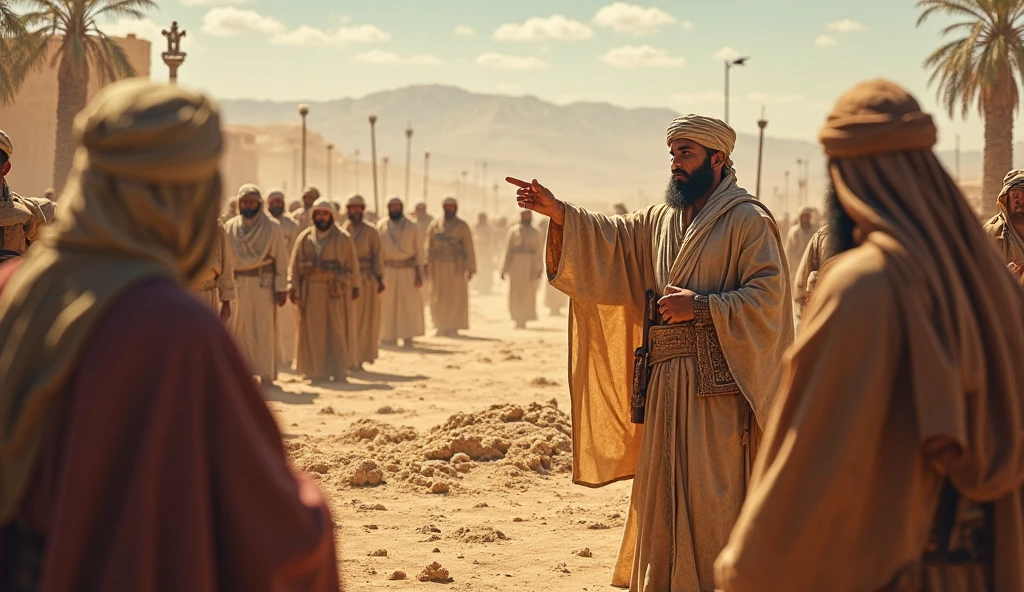A picture of the Prophet Saleh standing among his people, raising his hand to call people to Islam, while the people around him show signs of confusion and hesitation.