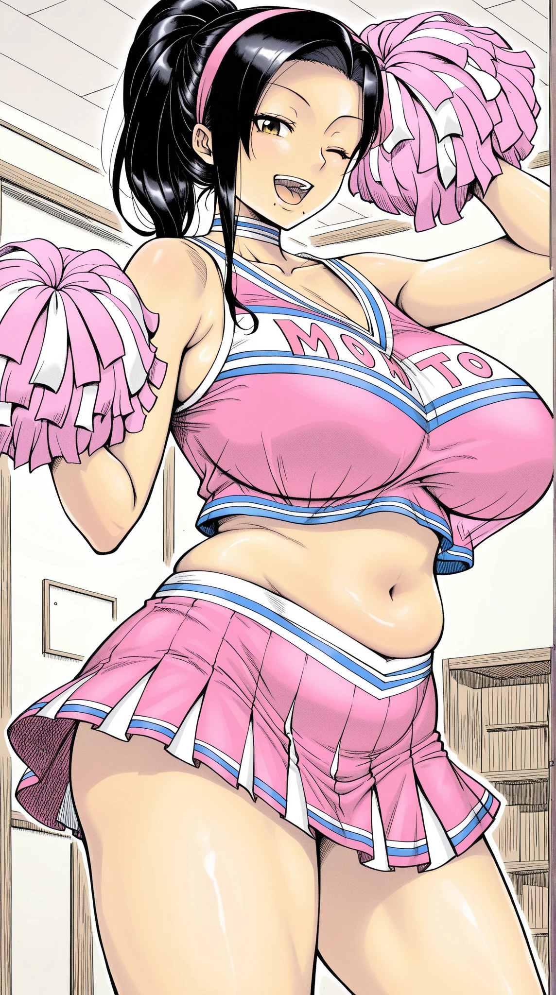 score_9, score_8_up, score_7_up, source_anime, BREAK, (((yew))), , 1girl, solo, chubby, cheerleader, cheerleading uniform, Very big butt,cleavage, thicc,view of her ass