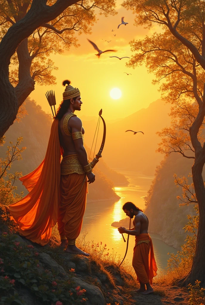 The archer rescuing Princess Mahadevi from the defeated demon and returning her to the royal palace. The scene is triumphant, with the archer leading the way and the grateful Princess Mahadevi.”