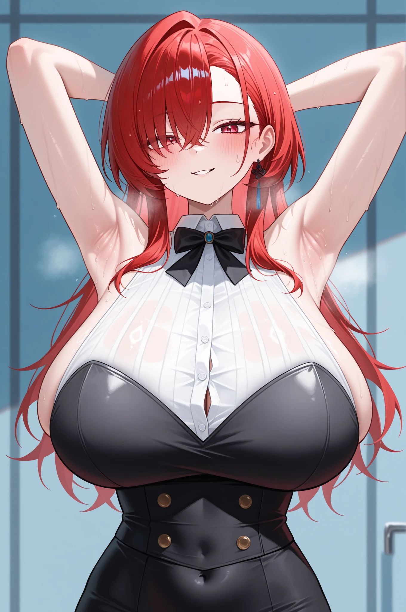masterpiece, best quality 1girl, solo, beautiful woman, bangs, dark orange  hair, very long hair, dark blue eyes, deep blush, grin, medium breasts, blak playboy bunny outfit, nothing but an open white blouse, holding her breasts, looking at viewer, bedroom background
