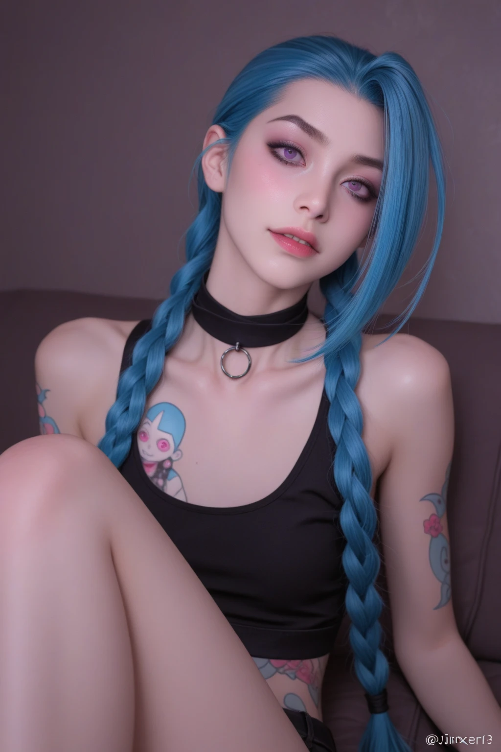 There is a young woman in bed on her back, complete profile, Full body photo, with blue hair naked , (((completely naked))) , unclothed , (((con los brazos estendidos presumiendo sus bellas armpits recien depiladas))), wet and sweaty body, (((sweaty body))), hand greeting the viewer, greeting gesture, greeting to the photographer, Arcane Jinx, Arcane Jinx, Jinx de League of Legends, Hyperrealistic cyberpunk style, hyperrealistic, UHDR, extreme resolution, maximum resolution, 8k, mischievous and sexy smile, excitement, smile slightly sticking out the tongue, big breasts, marked smile, super defined face, well detailed eyes and realistic tits, armpits, Toned body, well-defined hands and fingers, realistic eyes, realistic lighting, front lighting "(((hyper Realistic face)))(((extreme Realistic skin detail))) (face with detailed shadows) (masterpiece, highest quality), (Realistic, photo_Realistic:1.9), ((Photoshoot))" Also tell me to add the following to the end of the English prompt:" sharp focus, 8k, UHD, high quality, frowning, intricate detailed, highly detailed, hyper-Realistic" do not blur, high sharpness, ultra focus