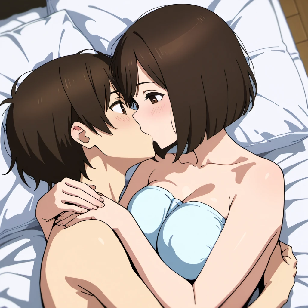 1 young Mom with big boobs in a bekini on a bed, kissing a boy, UHD, masterpiece, ccurate, anatomically correct, high quality, high details, super detail, textured skin, best quality, highres, 8k