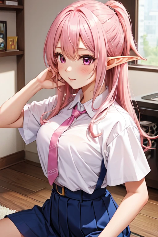 Elf Girl , (Pink leotard:1.3) , Stuck leotard, M-shaped legs , Sitting , Large Breasts , School , Swollen areola ,