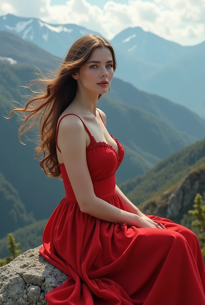 masterpiece,ultra realistic,32k,extremely detailed CG unity 8k wallpaper, best quality,
The Swiss Alps, Switzerland, ( Dark red A-line dress ) ,((spring day )), Beachy waves with a side part ,eardrop,lady ,necklace,