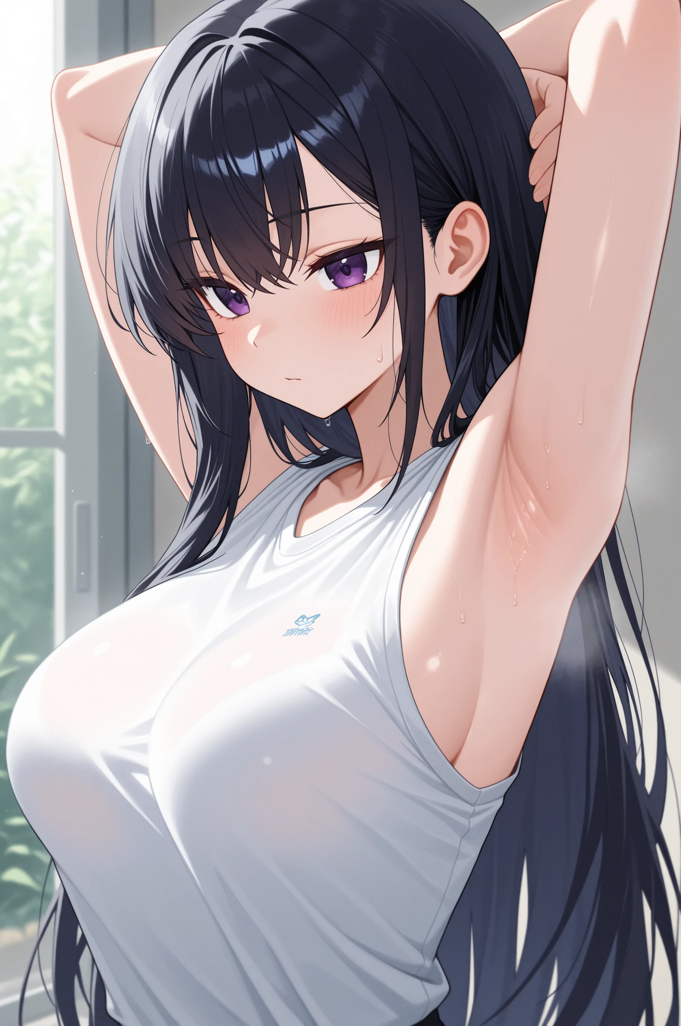 (Upper Body),alone,Medium Shot,18-year-old,(Soil ground,Outdoor:1.4),(masterpiece:1.4),anime,Portraiture, 8K,Realistic, 18-year-old,Elegant mature woman, Brown eyes, (Black Hair:1.4), smile,Big Breasts,(Gym clothes with short sleeves:1.4),(Transparent white gym clothes:1.4),(arm behind head:1.4),(Outdoor:1.4),(rain,Schoolyard:1.4),Wet,(wet cloth:1.4),Sweat,Straight long hair, Beautiful breasts,(See-through nipples:1.3), 4K resolution, High quality CG, Beautiful CG, Soft Light,(wet:1.3),(Schoolyard,Outdoor:1.4)