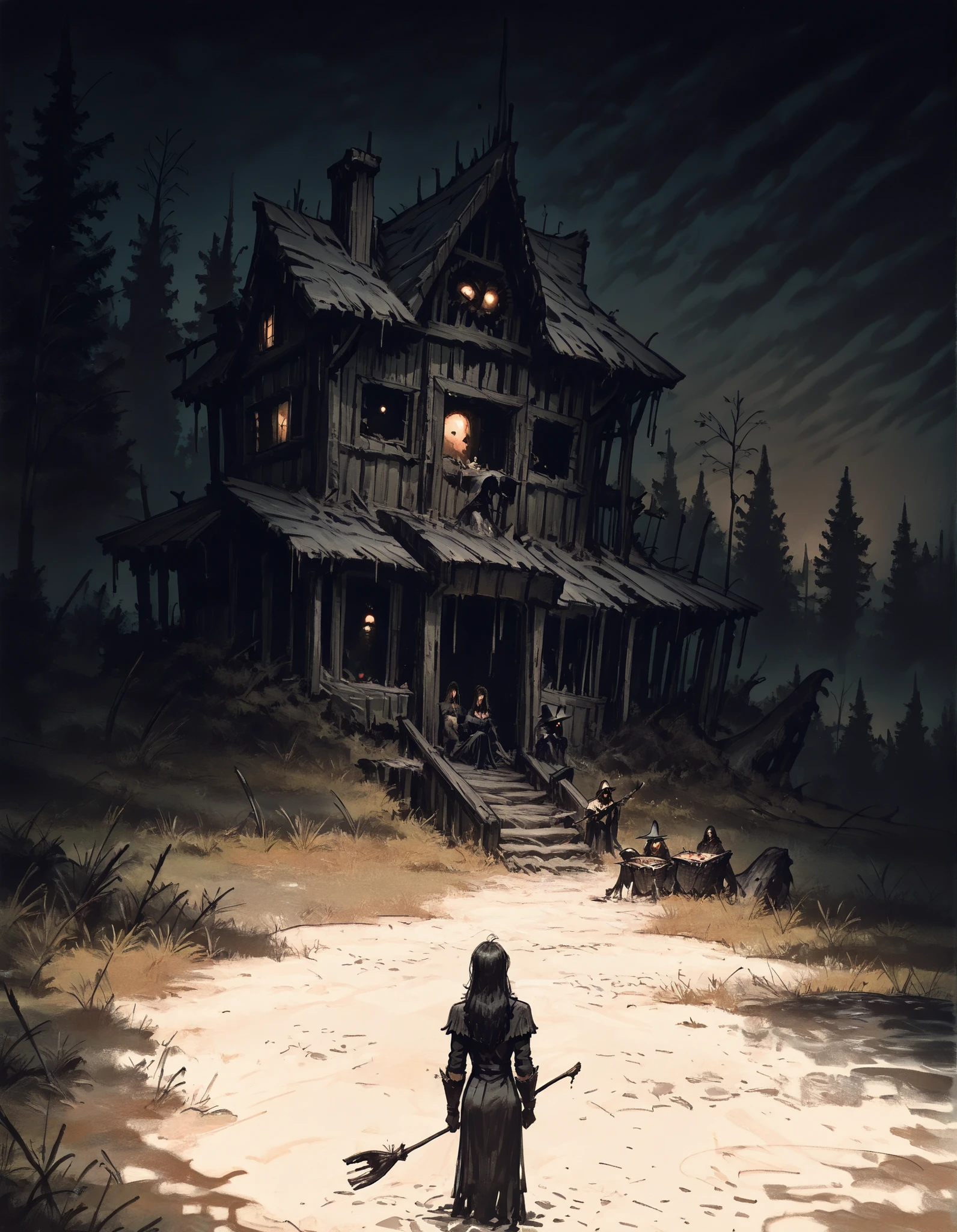 score_9, score_8_up, score_7_up, score_6_up, score_5_up, score_4_up, gr4ph1t3, sketch, (masterpiece), RETRO FANTASY STYLE, ELABORATE SKETCH, dark Witch woman, dirty ((swampy fields)), dark, alone in the dark ((cabin)), dark woods, lone cabin, Witch of a dark forest, dirty swampy fields, dark, horror, ((DARK COTTAGE)), OF THE SWAMP, (vividcolors:1.1), (UltraHD8K), (intricatedetails:1.1), masterpiece, best quality, amazing quality, belth, long hair, LowKeyLights, cinematic 8k, UHD, horror, grimm , dark
