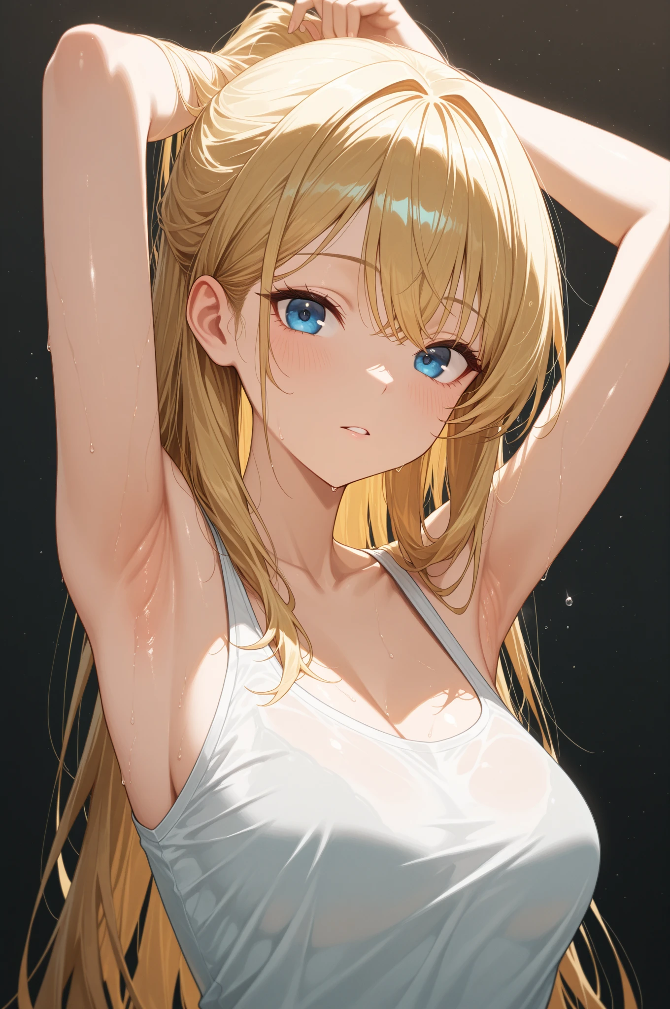 (masterpiece)、(top-quality)、(extremly tiny bikini:1.5)、(blushed face:1.3)、(hide your chest with both hands:1.5)、Almost naked、a beauty girl、Embarrassed look、A slight smil、a very cute、Clear eyes、Shining eyes、large udder、Tummy is visible、cleavage of the breast、lower abdom、An ultra-high picture quality、ultra-definition、Photorealsitic、Golden hair